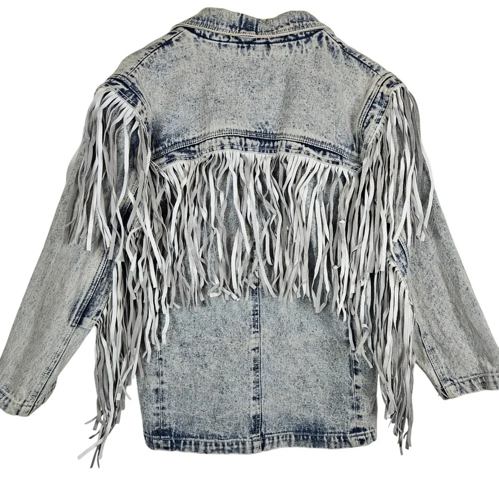 Sergio Valente acid-washed blue‎ denim jacket white leather fringe trim, size S - Picture 2 of 7